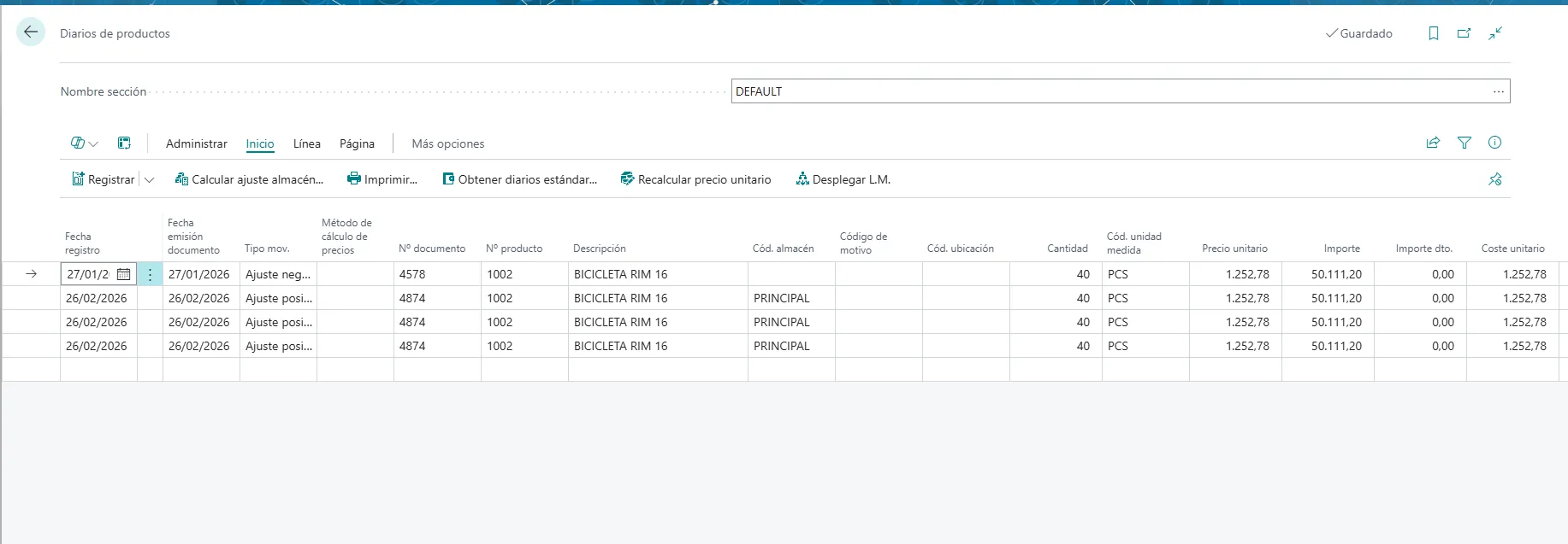Pantalla para el diario de productos