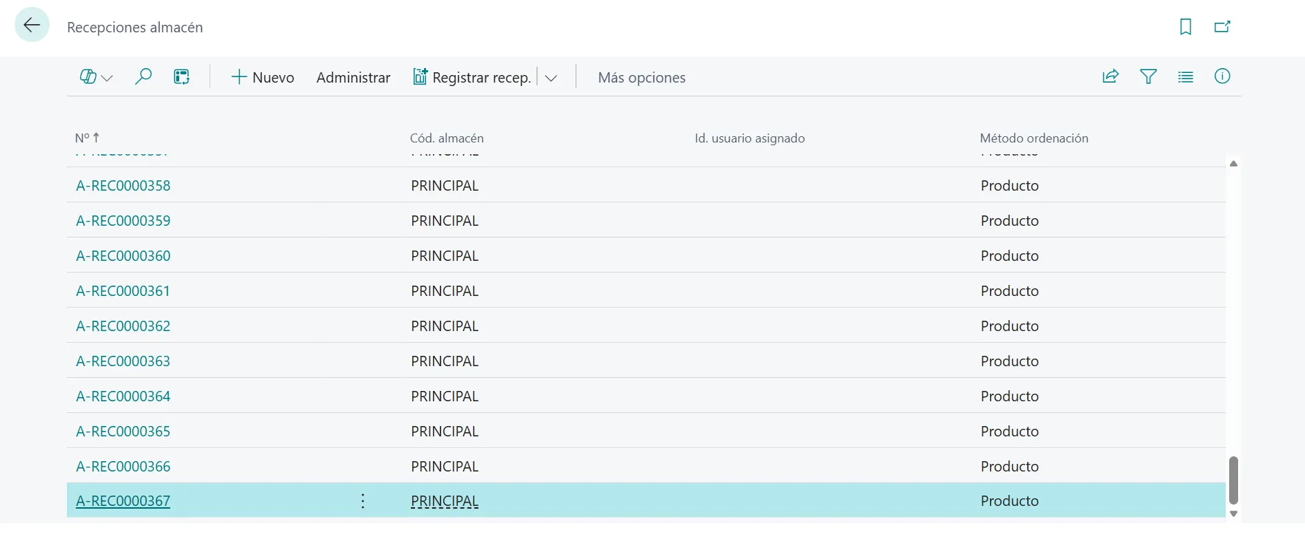 Pantalla listado de recepcion de almacen
