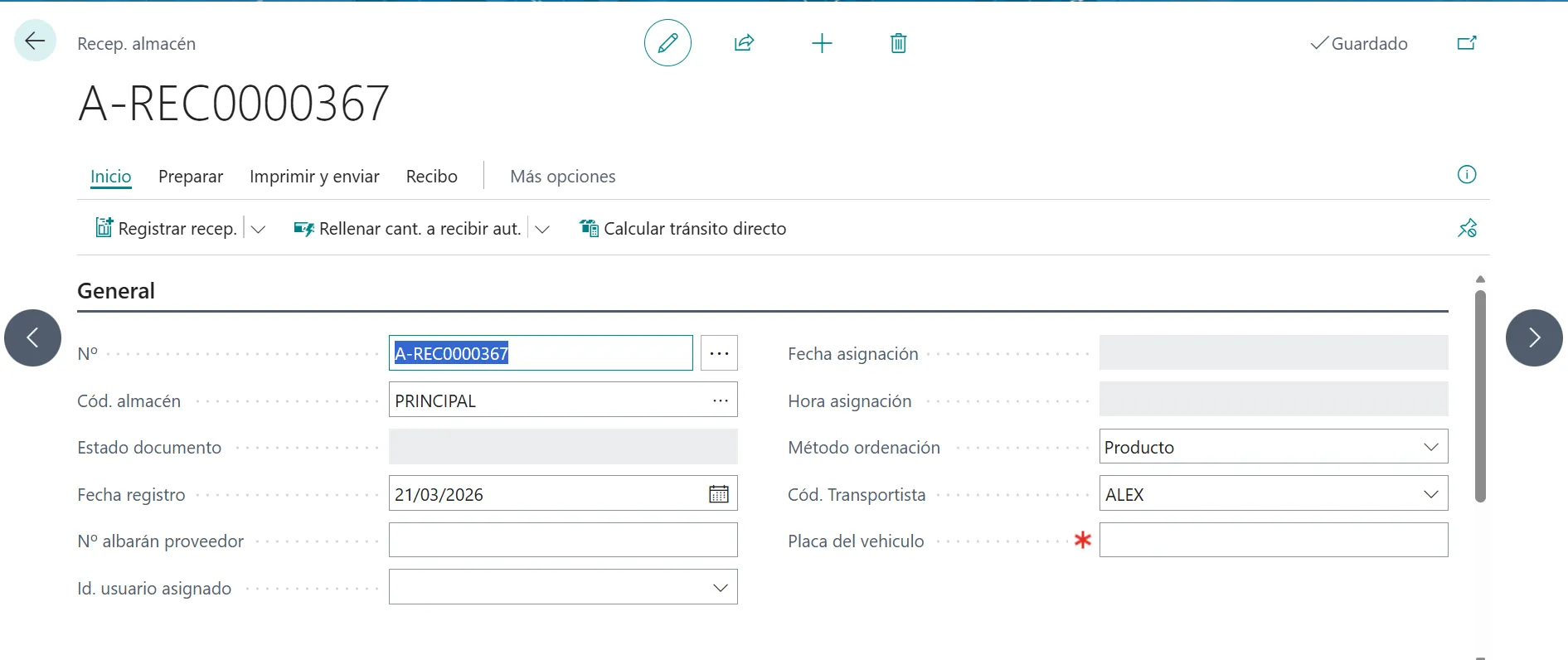 Recepción de almacén