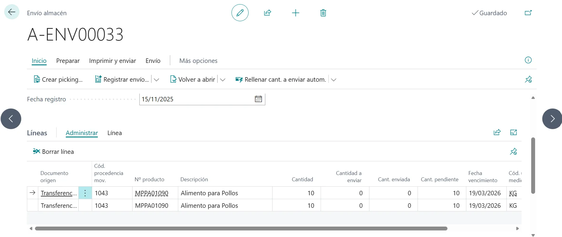 Detalle del envío de almacén