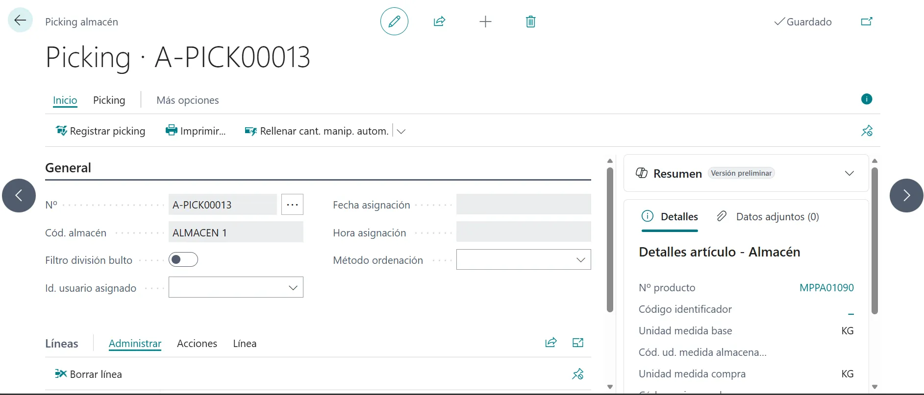 Detalle del picking de almacén